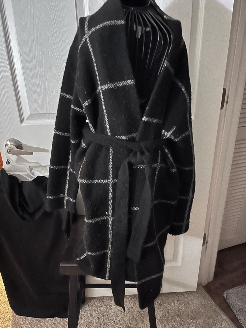 Black Windowpane Wrap Coat with Belt